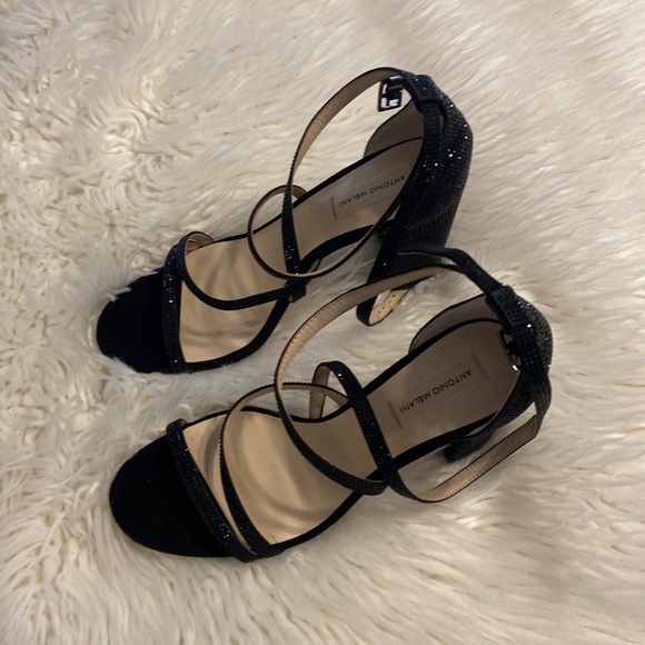 ANTONIO MELANI SANDALS SIZE 11 BNWOT LEATHER SOLE COLOR BLACK HEEL 4” STABLE - Picture 1 of 16